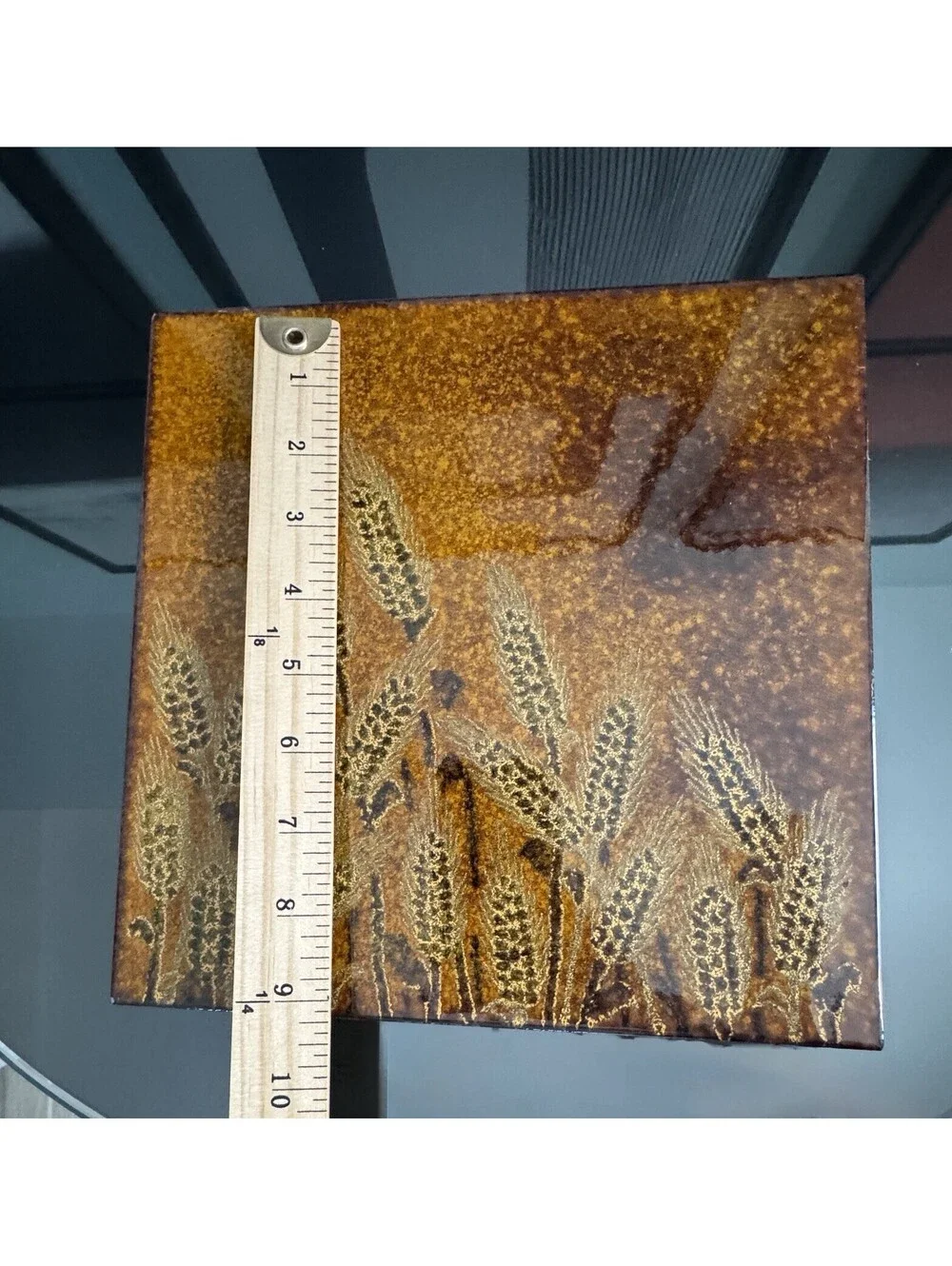 Vintage Mid Century Enamel Copper Wheat Trivet Tile Amber Brown 9 Inch MCM